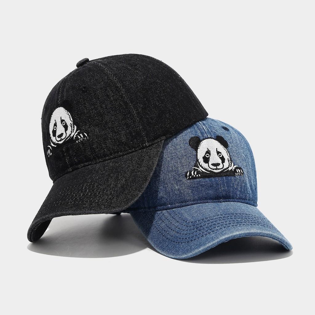 Bestickte Denim-Baseballkappe mit Panda und Sonnenschutz für lässige Sommerkleidung