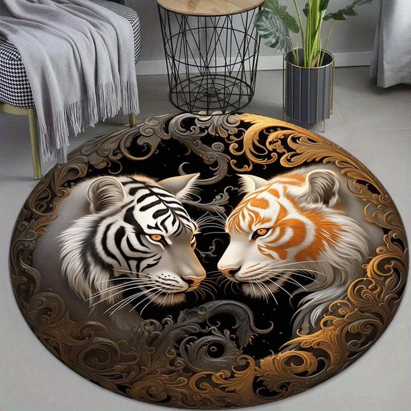 

Tiger Print Round Rug, Non Slip Polyester Carpet, Shed Free Durable Mat for Bedroom, Living Room, Office Decor 60cm