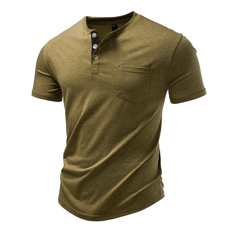 Men's Summer Solid Color Pocket T-Shirts Button Henry Collar Casual Daily Office Short Sleeve Top Tees Hip Hop Streetwear Tee