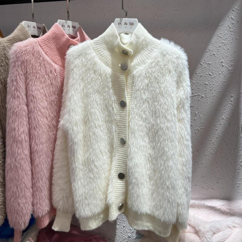 2025 Women Fur Faux Knitted Cardigan Sweater Jacket Korean Style Womens Sweaters Autumn Female Clothes Vinatge Knitwear V Neck Outfits