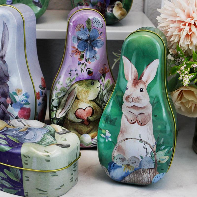 New Hot Easter Day Creative Bunny Egg Tin Box Rabbit Print Candy Gift Box Colorful Cartoon Rabbit Surprise Iron Box Kids Gift