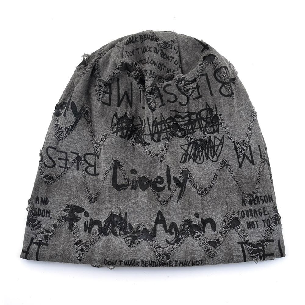 Thin Bonnet Vintage Beanie Wasteland Style Pullover Hat Distressed Letter Print Beanie  Unisex Wear
