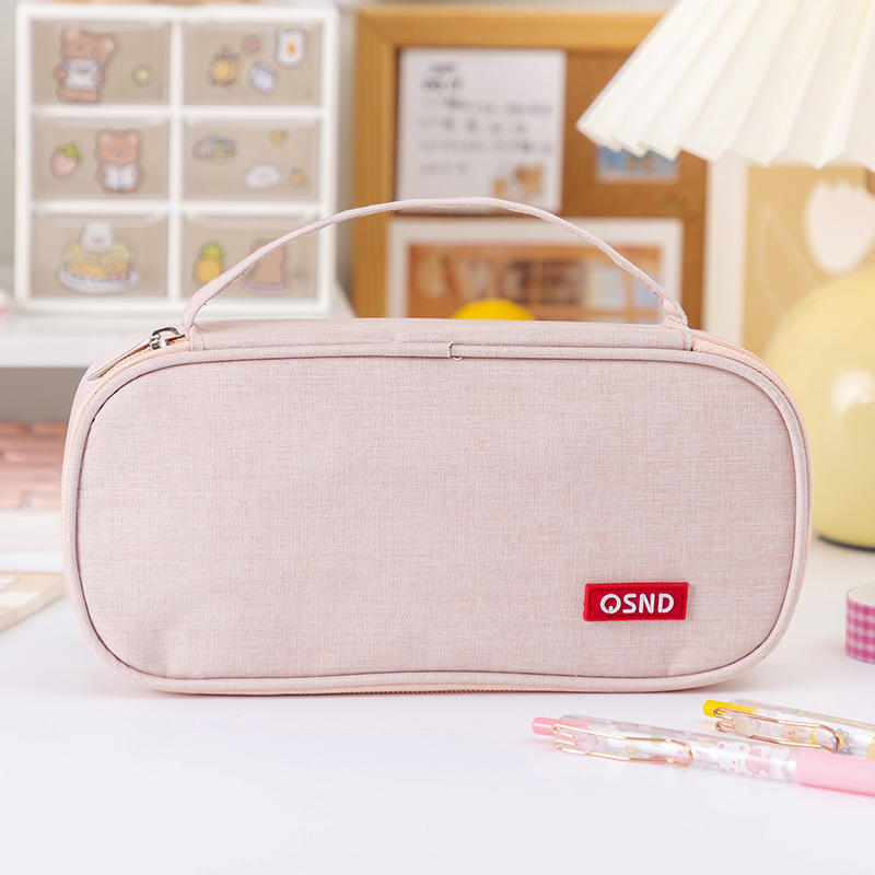 Handheld Double-layer Pencil Case Oxford Cloth Solid Color Student Case Pencil with Pen Clip Compartment Storage Bag School Stationery