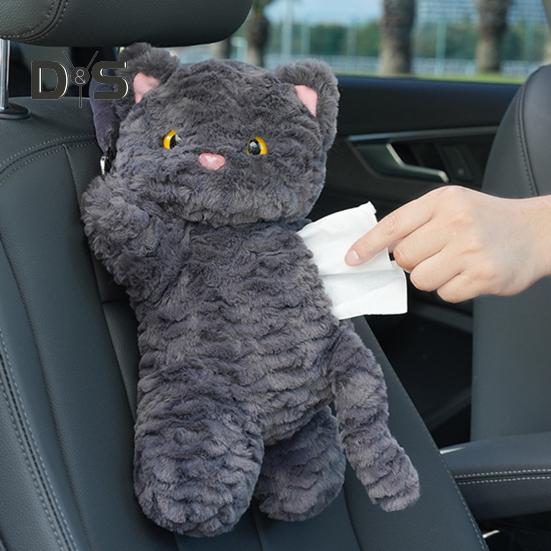 Plush Tissue Box Dispenser Zipper Closure Cartoon Cat Shaped Easy To Install Cute Tissue Box Car Hanging Tissue Organizer