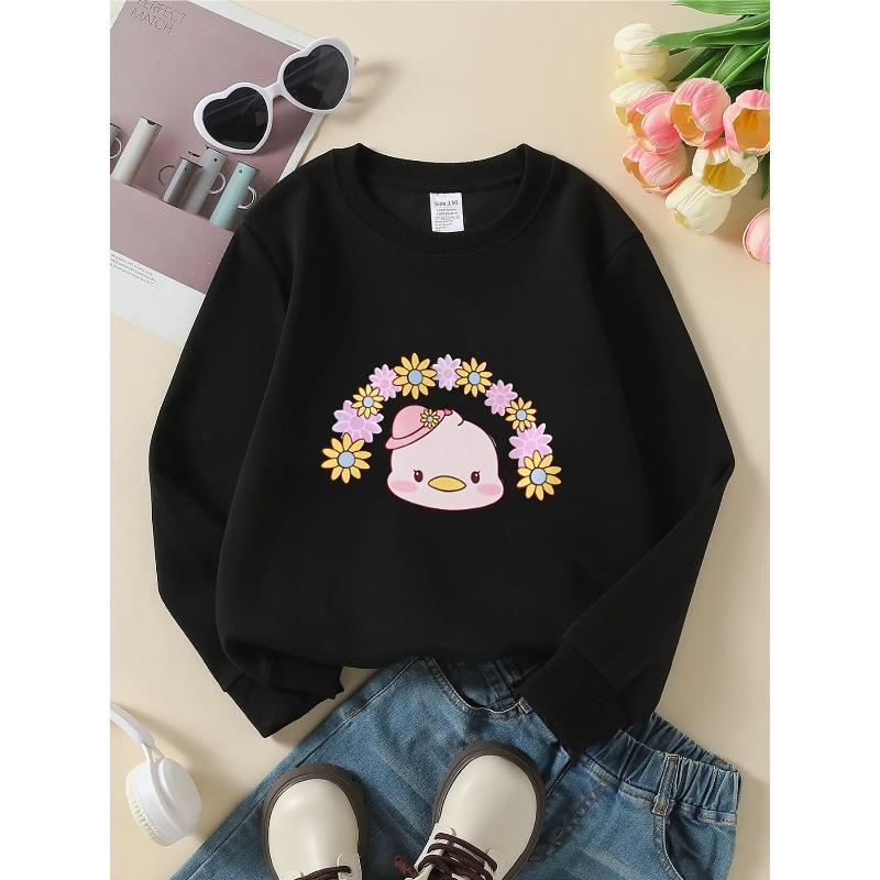 Kids Crewneck Sweatshirt, Cute Bird Wearing Floral Hat & Daisies Graphic Print, Spring Autumn Casual Sport Tops