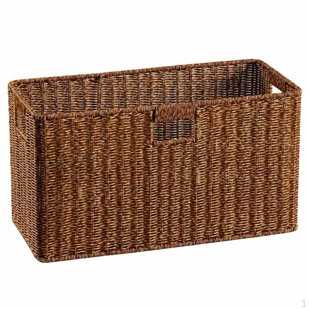 Woven Storage Baskets, Rectangular Wicker Basket with CutOut Handles, Tan Synthetic Rattan for