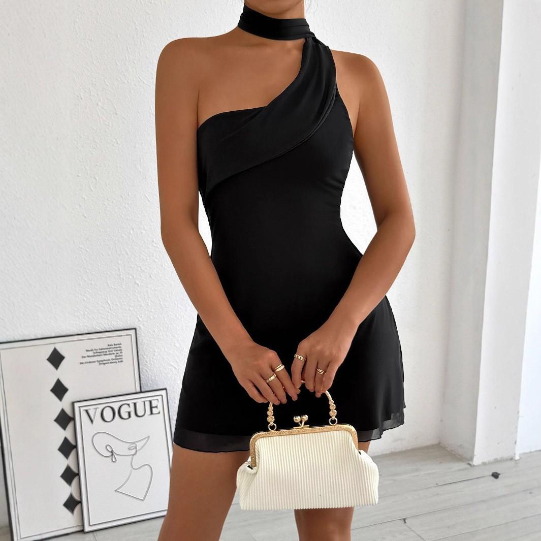 Women One Shoulder Halter Neck Dress Open Back Ruched Bodycon Mini Club Party Evening Dress XS