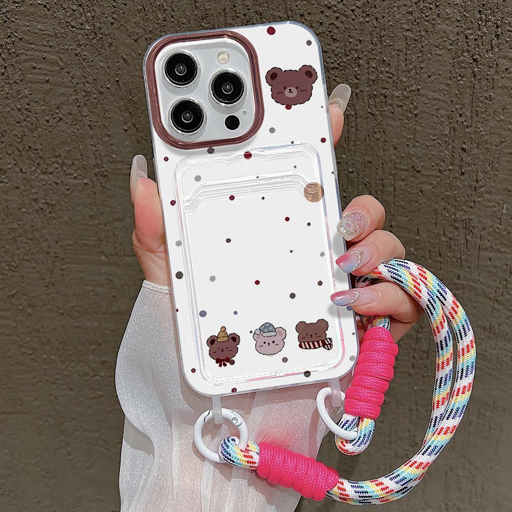 Cute Cartoon Bear Hang Chain Lanyard Phone Case For iPhone 13 11 12 14 15 16 Pro Max 7 8 Plus XR XS X SE  Card Holder Cover