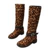 Außenhandel Übergröße Leopardenmuster Hoher Schaft bis Knie Mode Stiefel 2025 Herbst und Winter Blockabsatz Runde Spitze Damenstiefel Lagerware