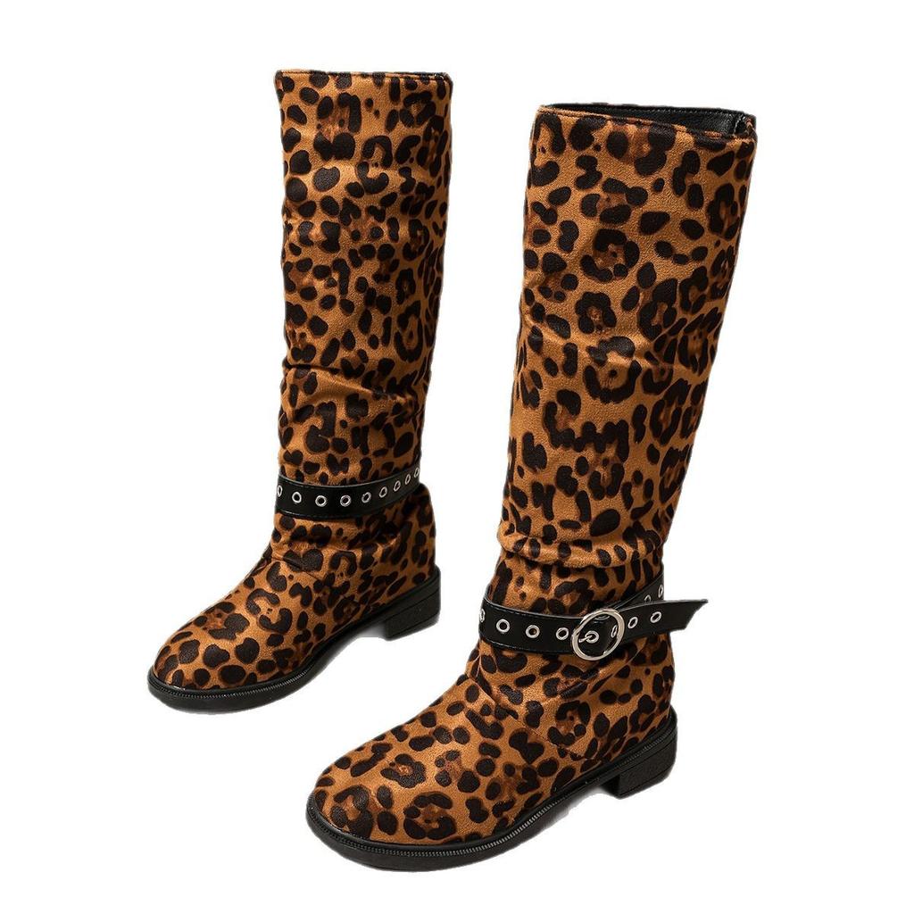 Außenhandel Übergröße Leopardenmuster Hoher Schaft bis Knie Mode Stiefel 2025 Herbst und Winter Blockabsatz Runde Spitze Damenstiefel Lagerware