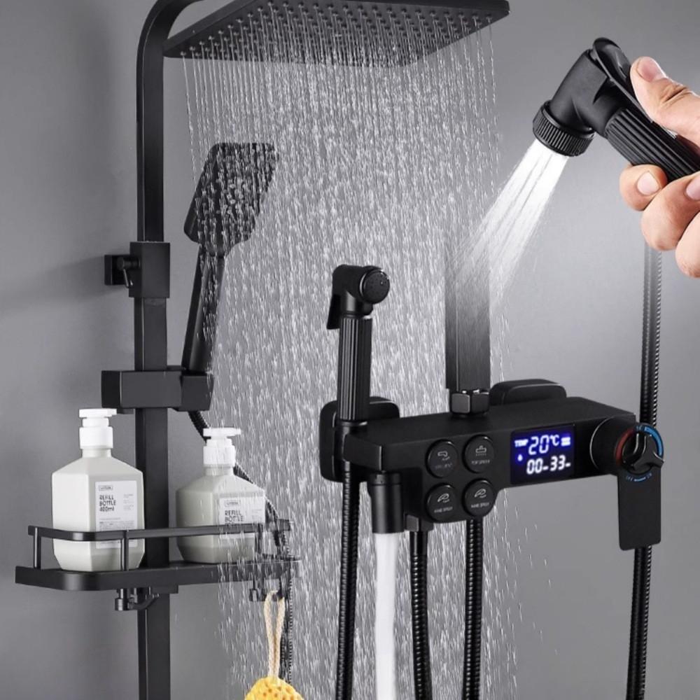 Household Bathroom Thermostatic Rain Shower Black Digital Display Pressurized Shower Head Button Showerhead Set