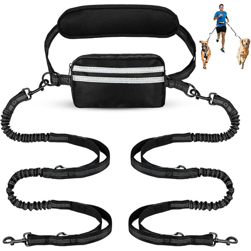 

Adjustable Dual Dog Leash With Pouch Hands Free Waist Crossbody For 2 Medium Large Dogs Strong Reflective Outdoor Walking чёрный