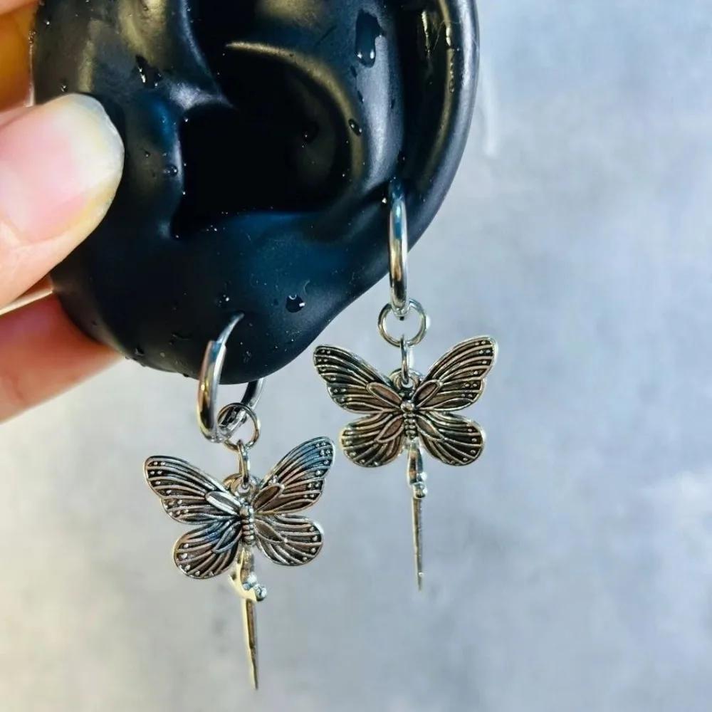 Gothic Temperament Ancient Silver Butterfly Short Sword Pendant Hoop Earrings for Women Retro Halloween Party Jewelry Accessory