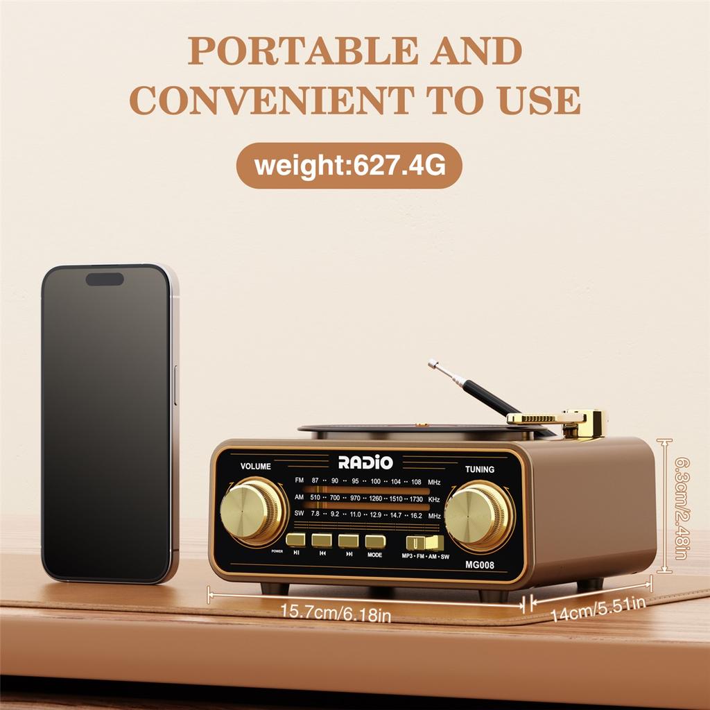 Retro Vinyl Player Style Radio, Portable FM/AM/SW & Wireless Streaming, Unique Vintage Decor For Home & Gift Idea