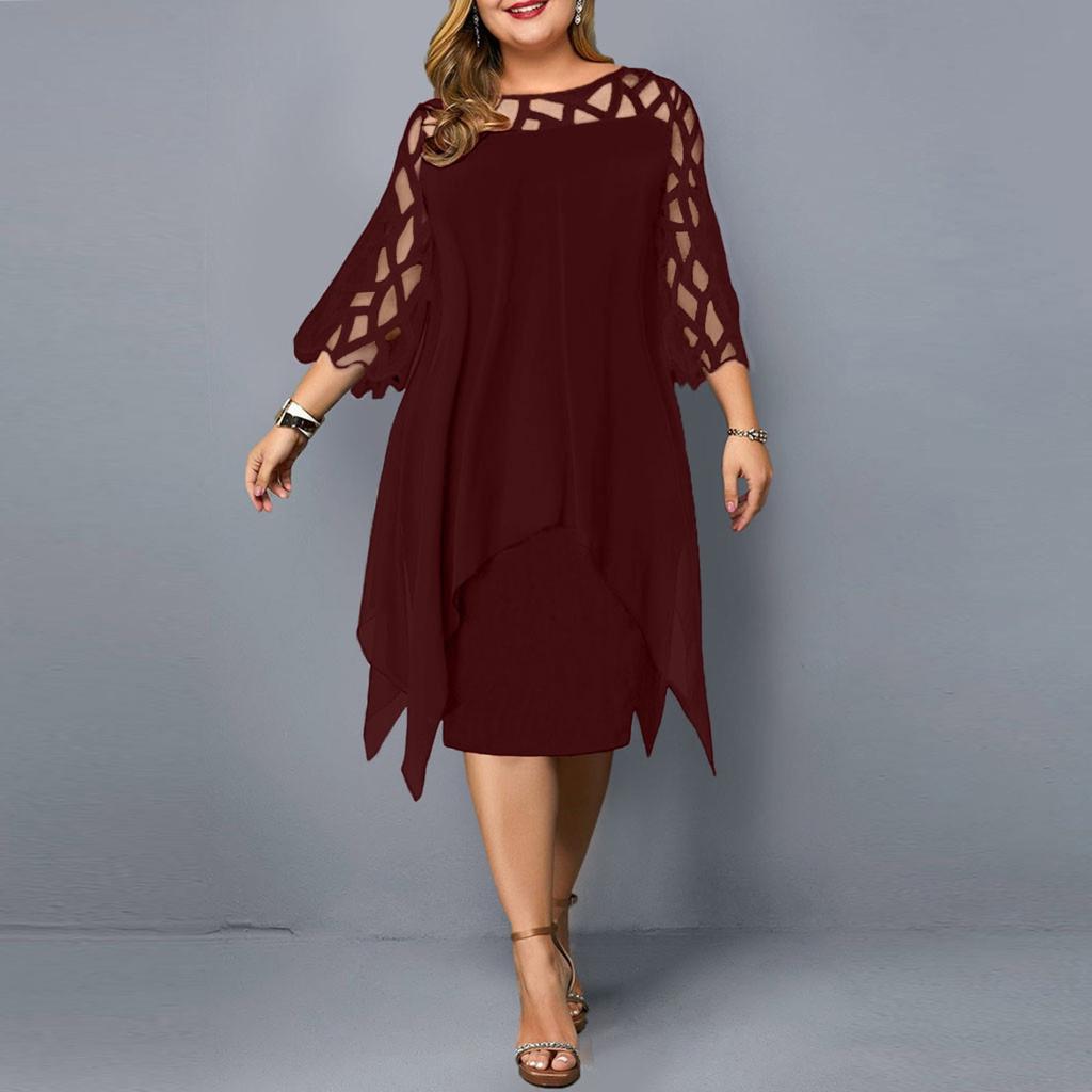 Women's Round Neck Lace Patchwork Cropped Hem Dress With 3/4 Sleeves