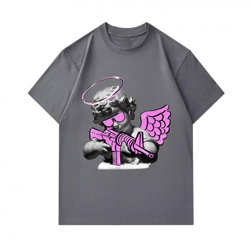 Men's 100% Cotton Crew Neck Short Sleeve T-Shirt, Cool Neon Pink Angel Cherub with Gun Printed Casual Lightweight Summer Daily Tee for Streetwear Love