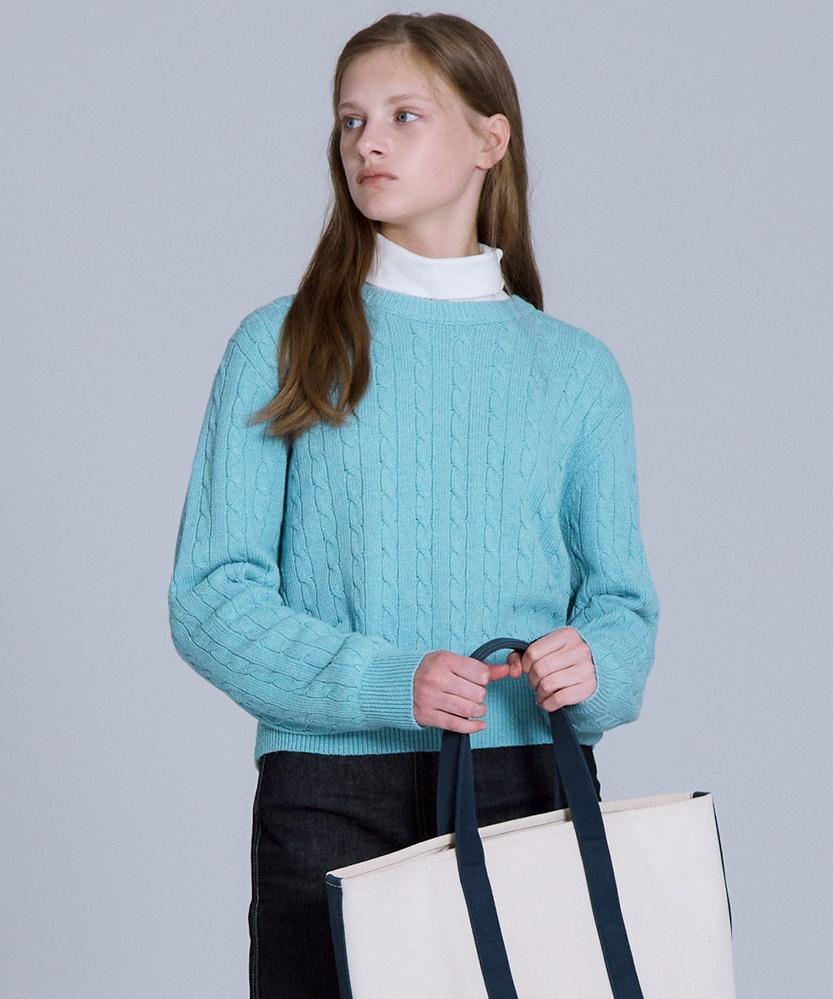 Basic House Women S Cable Round Neck Crop Knit Mint Lykt7201 Na/095