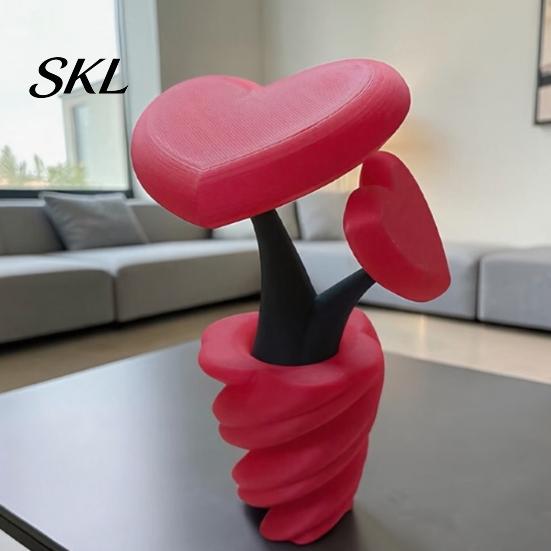 Romantic Love Flower Sculpture 3D Printed Heart-Shaped Vase, with Spiral Base, Detachable Plug-in Eye-catching Colorful Ornament Desktop Decor, Modern