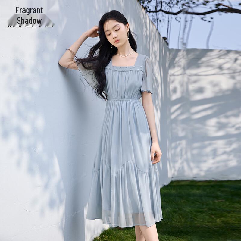 Xiangying Women s French Square Neck Chiffon Midi Dress XL