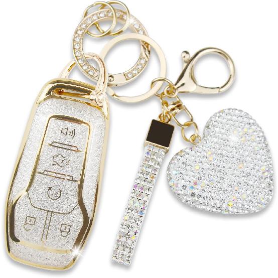 Key Fob Cover With Heart Keychain, Girly Car Key Shell Case For Women, Compatible With Ford Fusion Mustang F150 Edge Explorer Lincoln MKZ MKC MKX