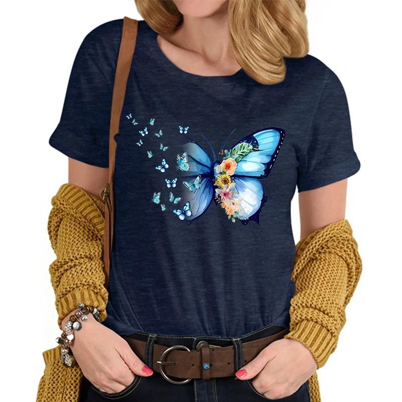 Flower Butterfly Lover Casual Tops Vintage Flower Design Tshirt Female Butterfly Print Premium Casual Short Sleeve TShirt Women