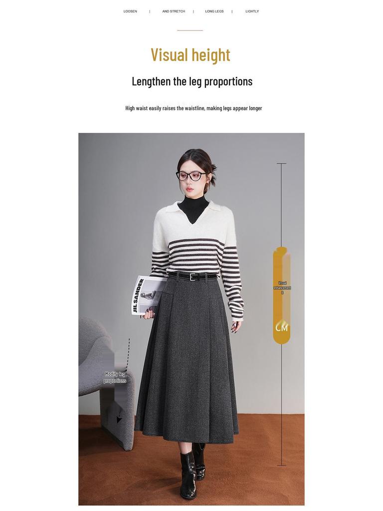 2025 Winter High-Waisted Wool A-line Skirt - Drapey, Slimming, Mid-length, Pleated, Wide-hem Design.