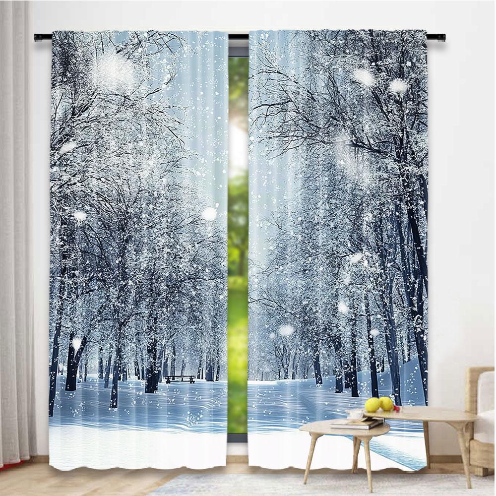 2Pcs Forest Curtains Snowy Trees Of The Farmhouse Wildlife Scenery In Frosty Winter Park Living Room Bedroom Window Drapes