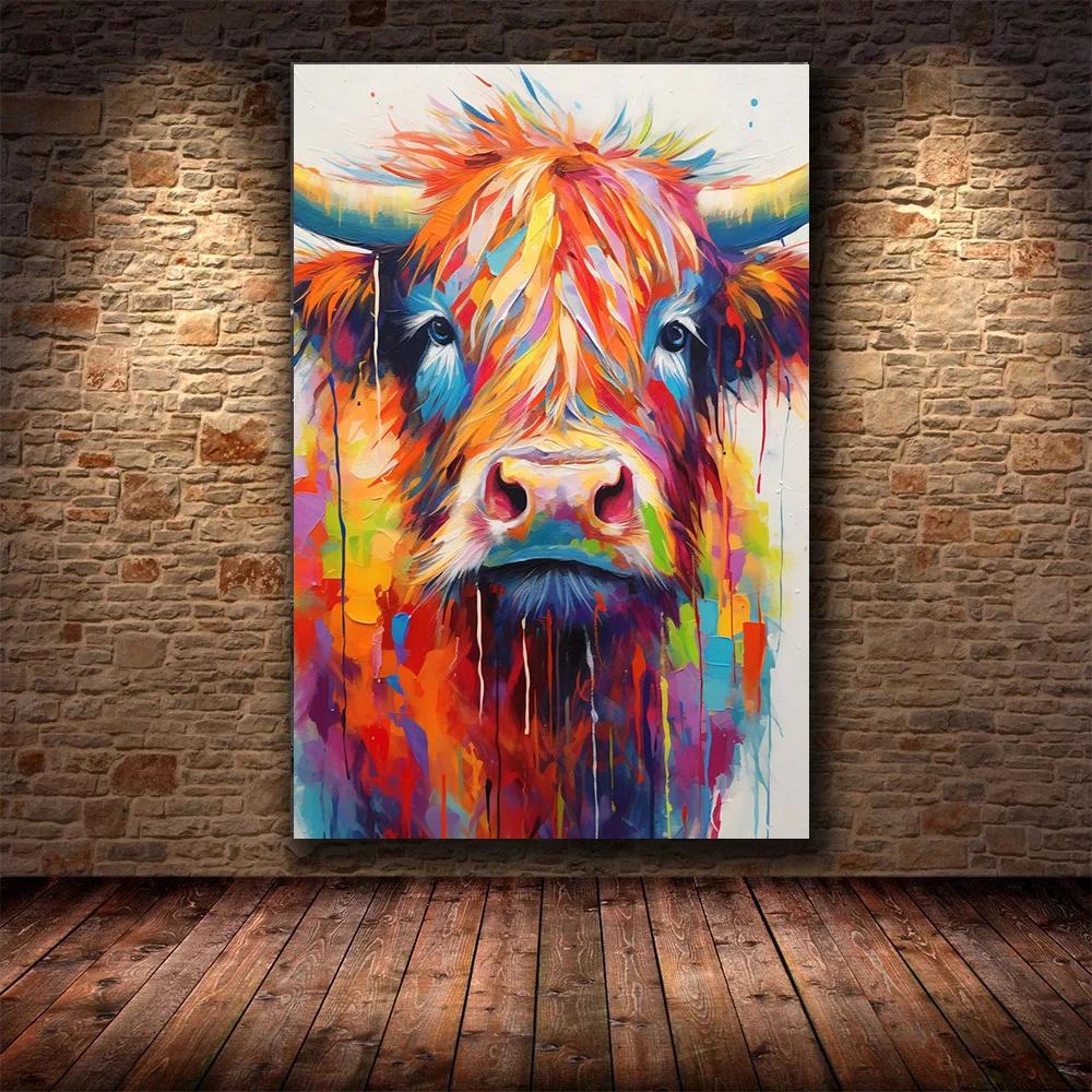 Scottish Highland Cow Wild Animal Nordic Nature Landscape Poster Canvas Painting Wall Art Pictures for Room Home Farmhouse Decor