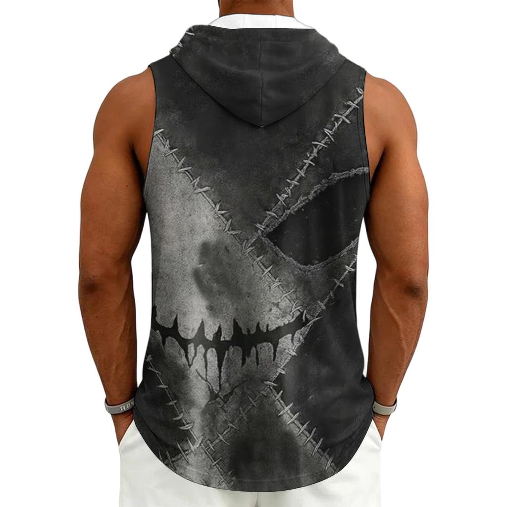 Men's Sleeveless Hoodie Casual Drawstring Hooded Tank Top Halloween Print Streetwear Muscle Fit Summer Vest