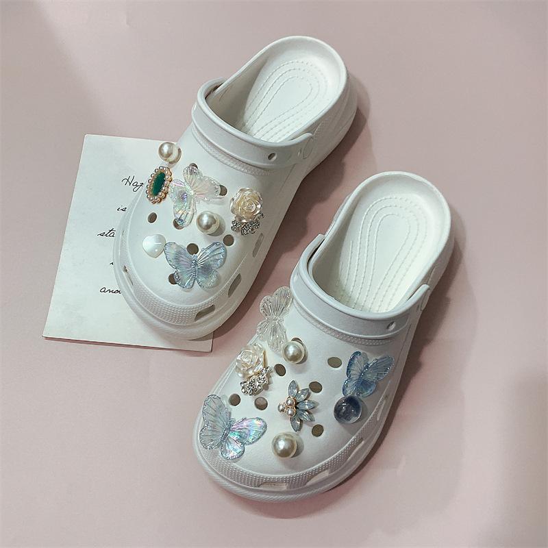 New hole shoes shoe flower fashion rhinestone pearl white blue butterfly set DIY accessories shoe buckle