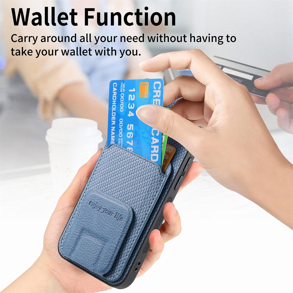 C1-11 for iPhone 16 Pro Case Card Holder Carbon Fiber Texture Leather Coated TPU Phone Cover