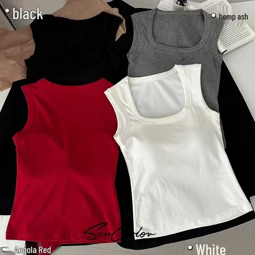 Korean Square Neck Cotton Tank Top with Fixed Cup and Chest Pad