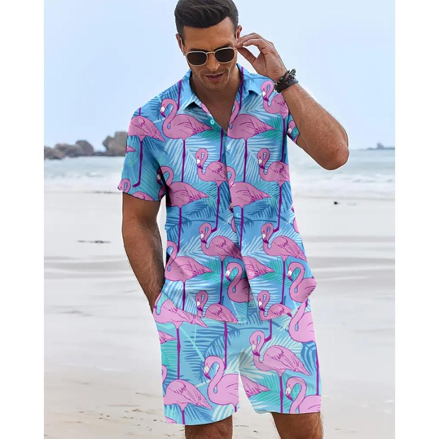Funny 3D Flamingo Print Men's Shirt Beach Vacation Short Sleeve and Shorts Two-Piece Set