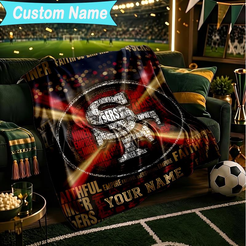 1PC Custom Name Blanket San Francisco Football Flannel Blankets Patterns Throw Blanket All-Season Soft Gift for Couch, Bed, Camping, Birthday Gifts