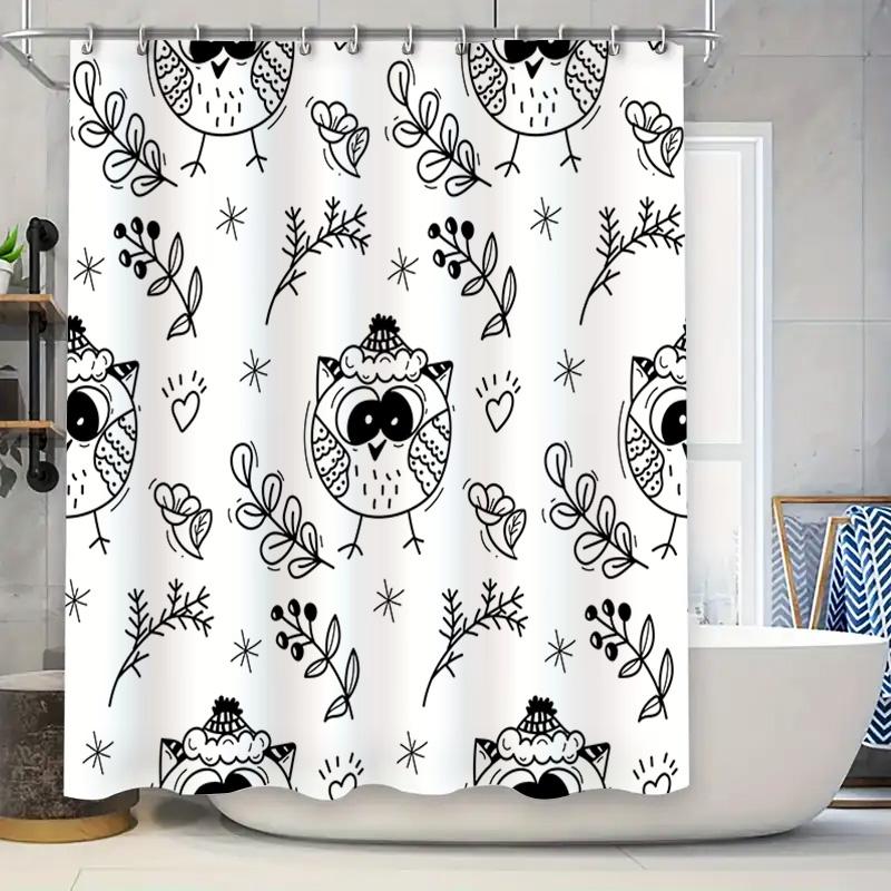 

Eco-Friendly Bathtub Shower Curtain Black White Owl Pattern For Home Decor In Bathrooms: Waterproof Fabric With Hooks (White) W60H190(CM)-1 Pcs