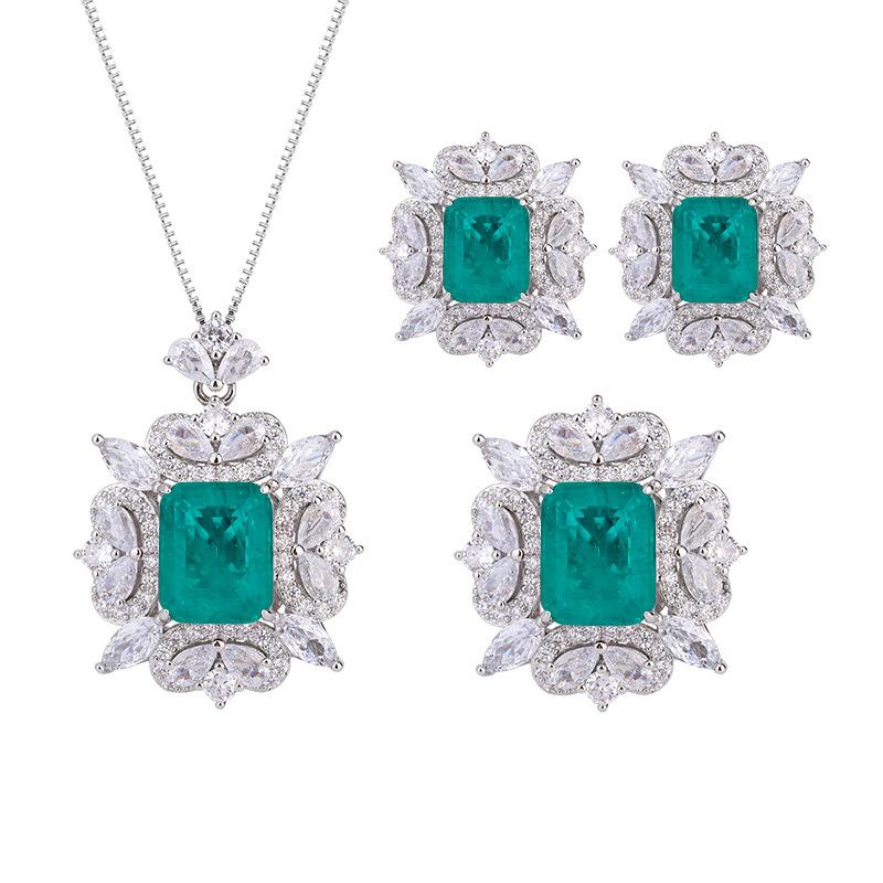 Wish new European and American fashion emerald women's pendant necklace ring stud earrings set