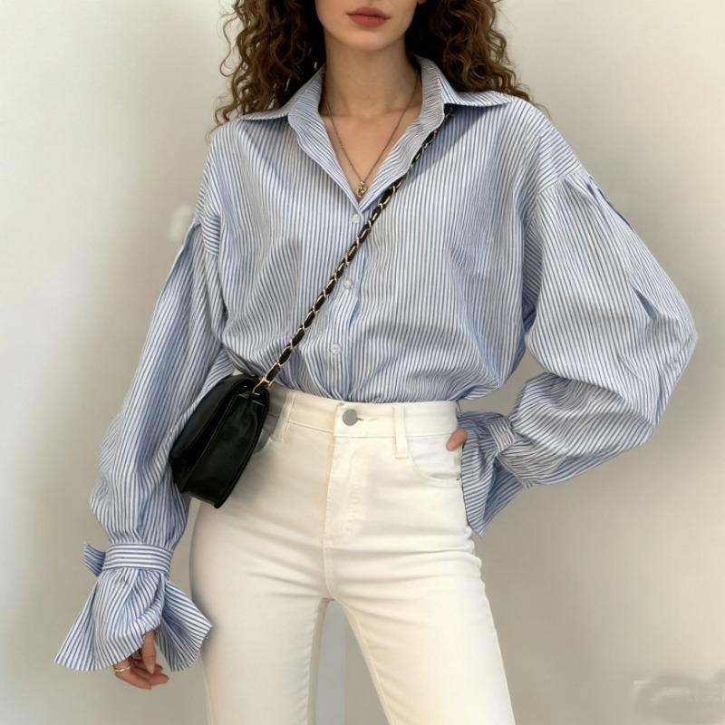 Women Casual Loose Lantern Sleeve Striped Long Sleeve Shirt Blouse S