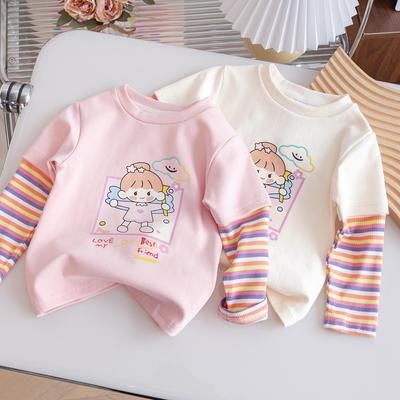 T-shirt a maniche lunghe a righe in cotone da bambina con cartone animato per bambini piccoli e medi - Top intimo primaverile/autunnale