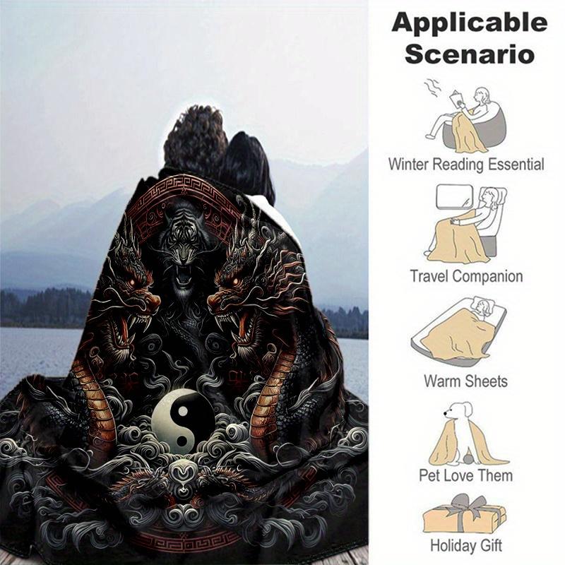 1pc Yin and Yang Dragons Blanket, Cartoon Home Decor Gift, Living Room, Travel, Camping, Car Blankets