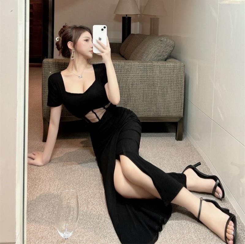 European and American Spice Girls Style Dress Women's Summer High-end Long Black Neck-hanging Waist Chic Unique Cheongsam Sexy