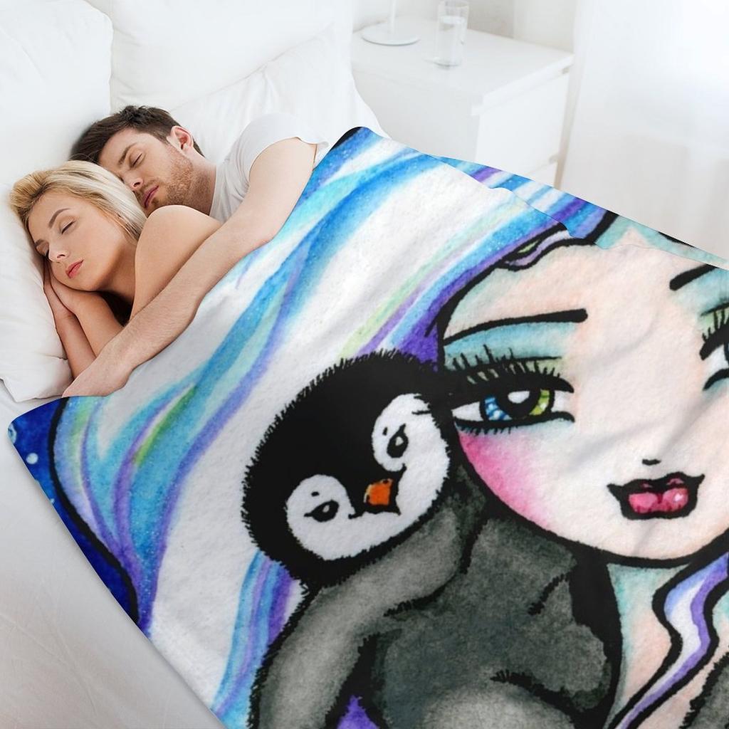 Frosty Mermaid with Baby Penguin Friends Whimsical Fantasy Art Throw Blanket Stuffeds Softest Flannel Fabric For Baby Blankets