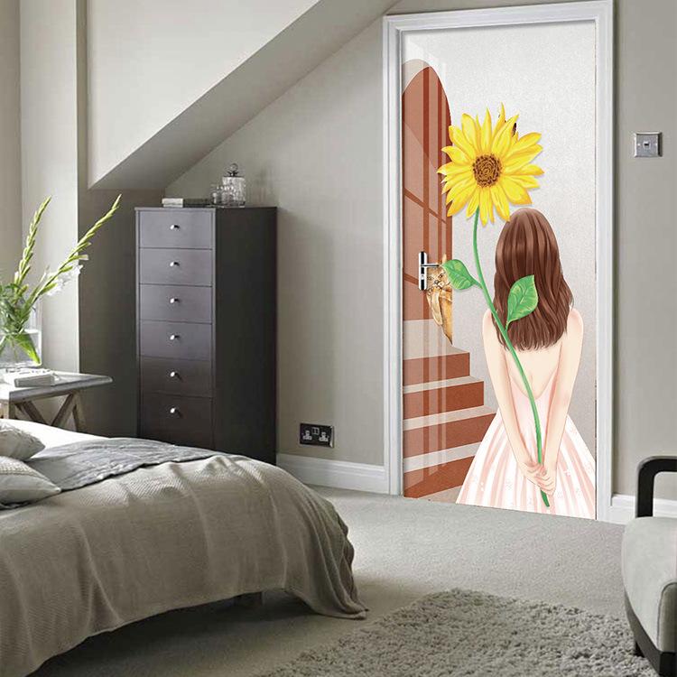 Sunflower Door Stickers Retro Decorative Sticker Self-adhesive Waterproof Colorful Pattern Wallpaper Mural Apartment Decor