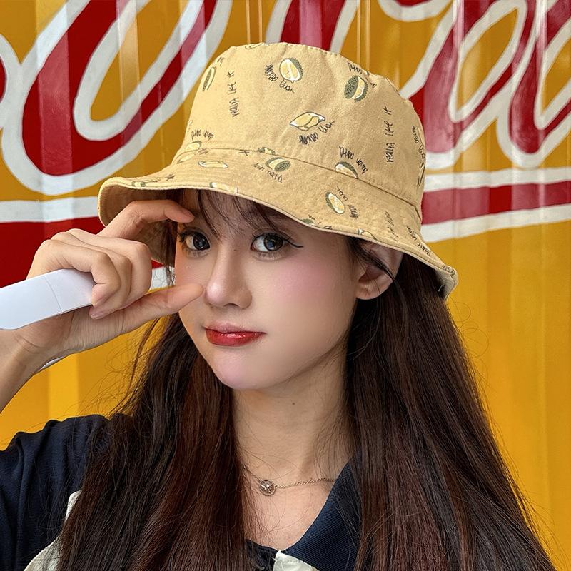 Durian Print Bucket Hat for Women Double-Sided Korean Style Spring Summer Sunshade Cute Sun Cap Foldable New