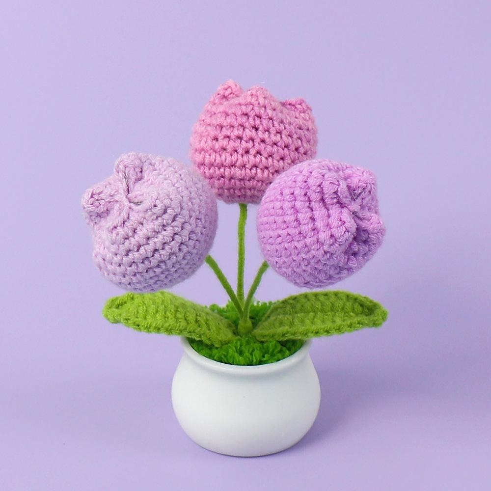 Hand-Knitted Wool Fake Flowers Set: Sunflower, Carnation, Tulip - Desktop Decor, Teacher/Student Gift, Everlasting Bouquet