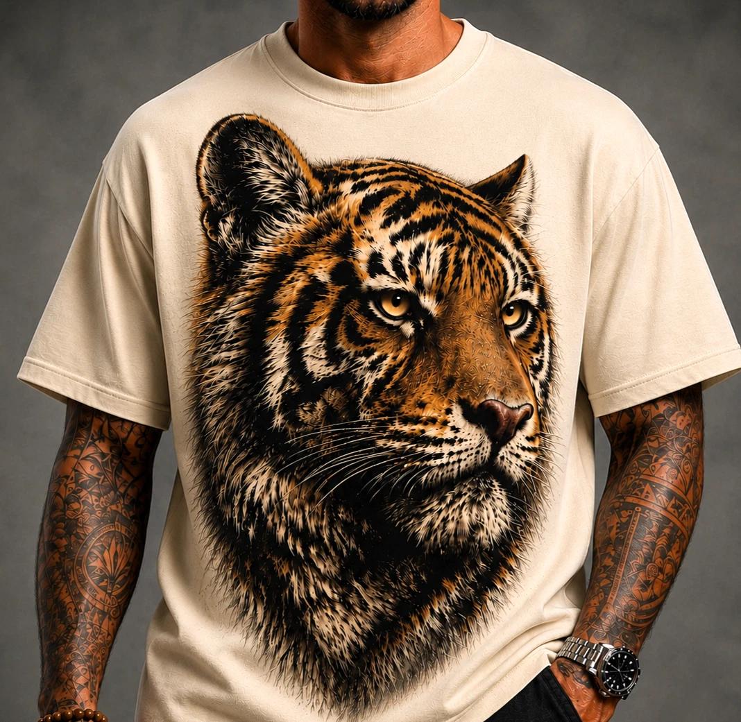 Tiger Face Graphic T-Shirt Men s Big Cat Wildlife Portrait Tee M