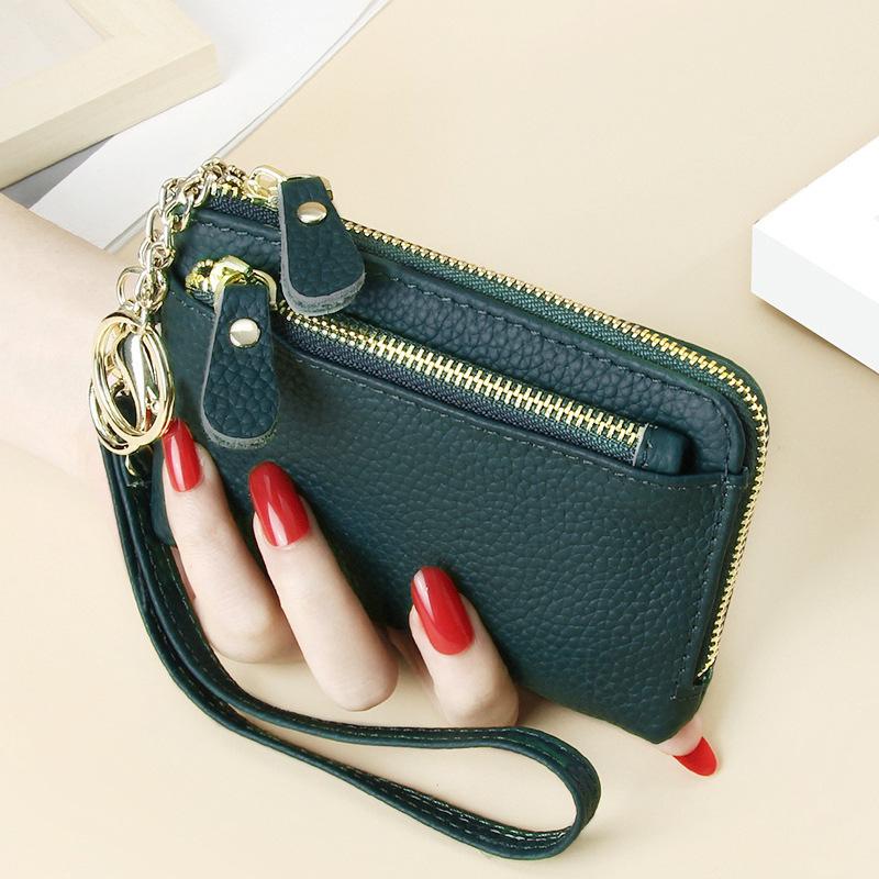 Women's Genuine Leather Mini Wallet Multi-Card Slots Coin Pouch with Keychain Handheld Zip Change Purse Stylish Compact Daily Accessory for Ladies