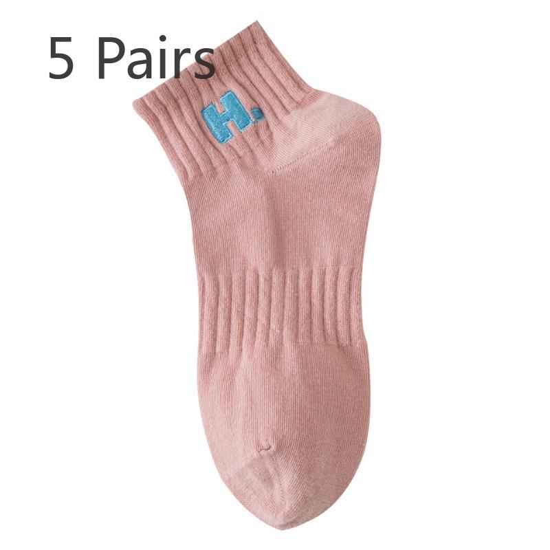 5 Pairs of Women's Spring and Autumn Cotton Short Tube Embroidery Sports Boat Socks