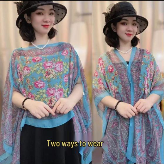 Women's Retro Ethnic Silk Scarf with Frog Button Shawl for Sun Protection