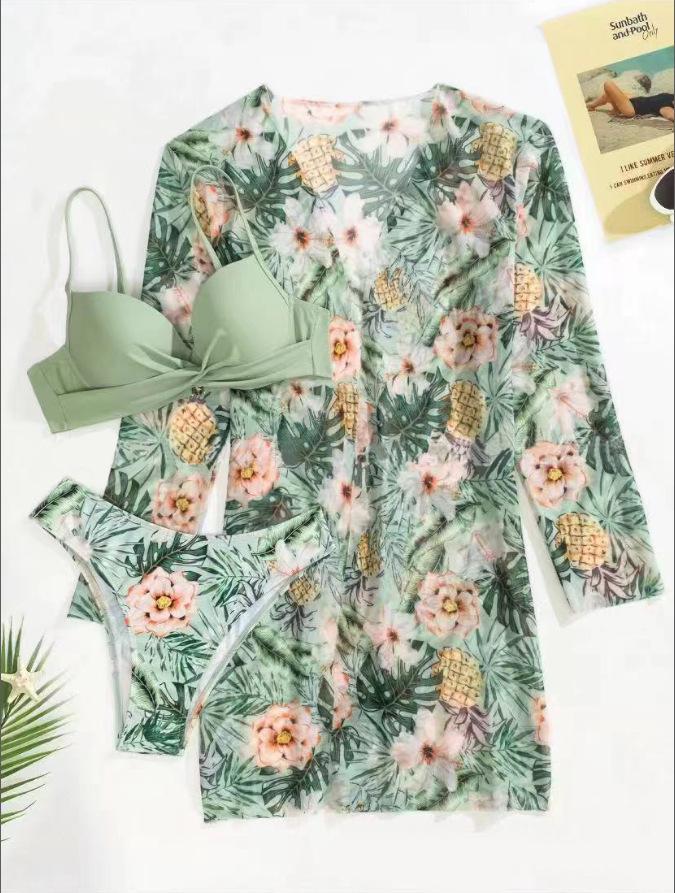 2023 European & American Women's Three-Piece Bikini Set with Cardigan, High-Waisted Bottoms, and Sunscreen Cover-Up.