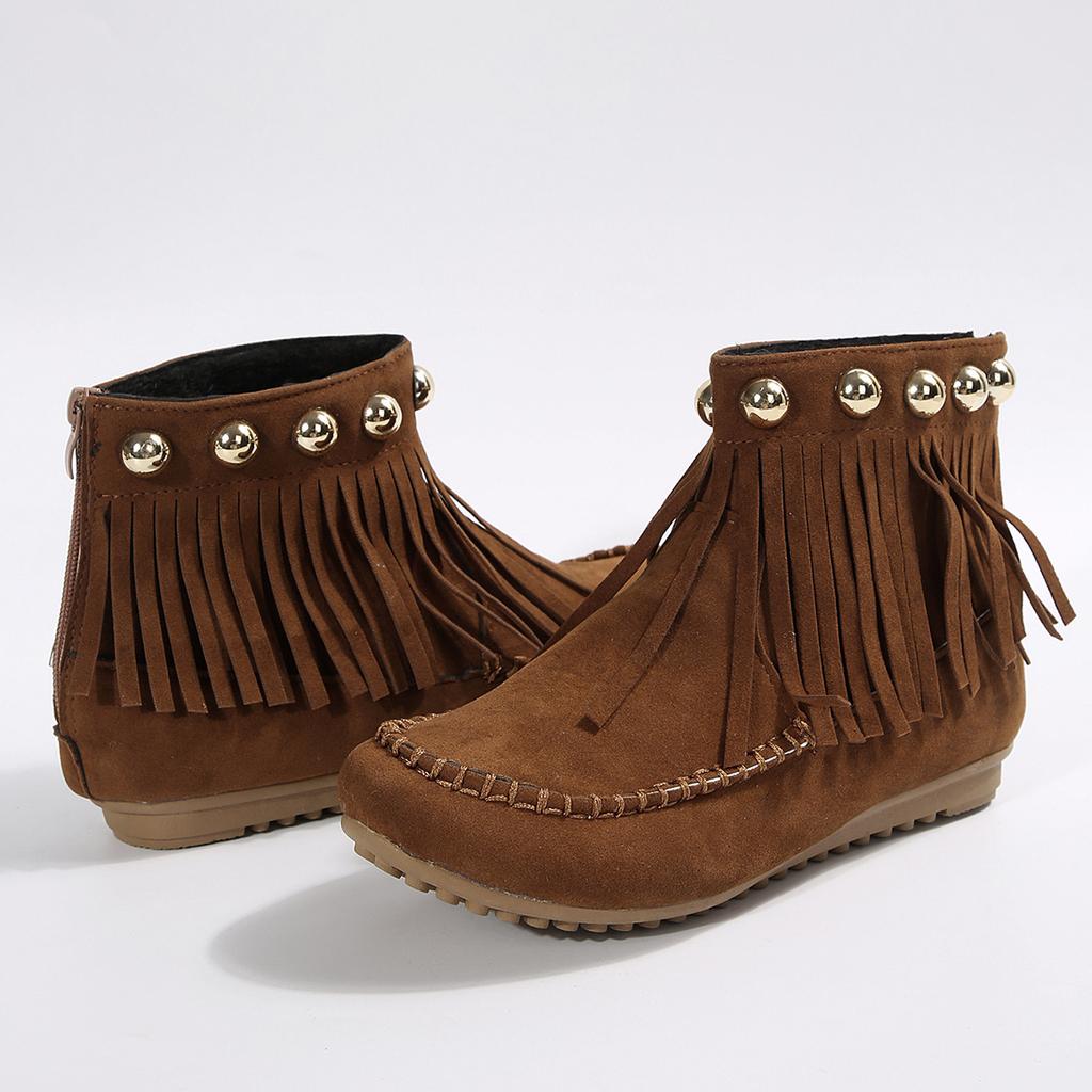 New Autumn Winter Women's Ankle Boots Versatile European American Style Flat Tassel Design
